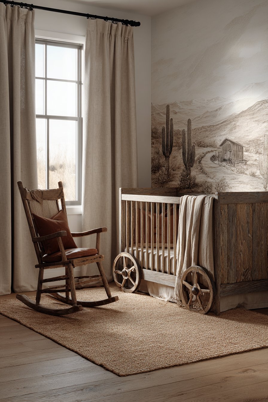 Rustic Wooden Crib with Wagon Wheel Details