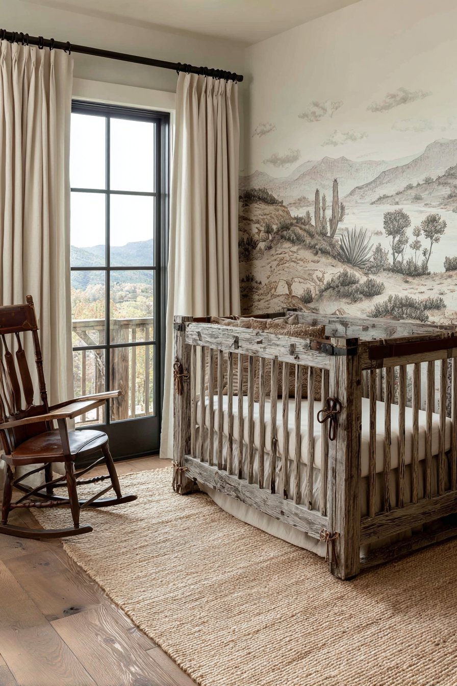 Rustic Wooden Crib with Wagon Wheel Details