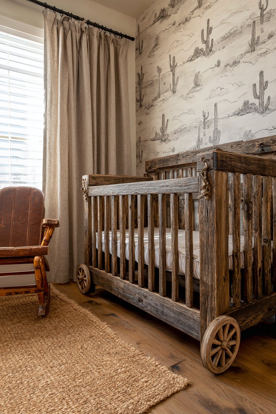 Rustic Wooden Crib with Wagon Wheel Details