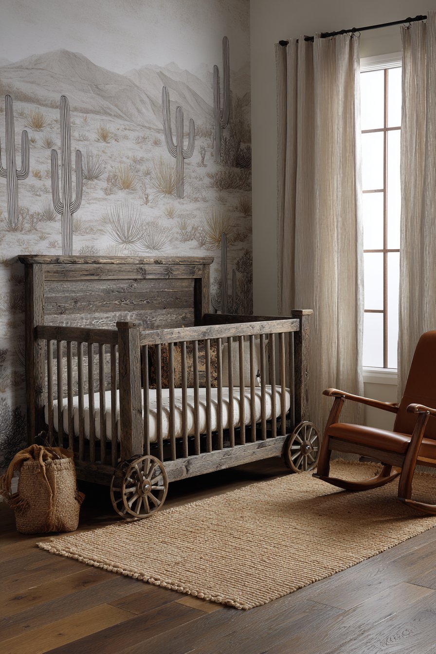 Rustic Wooden Crib with Wagon Wheel Details