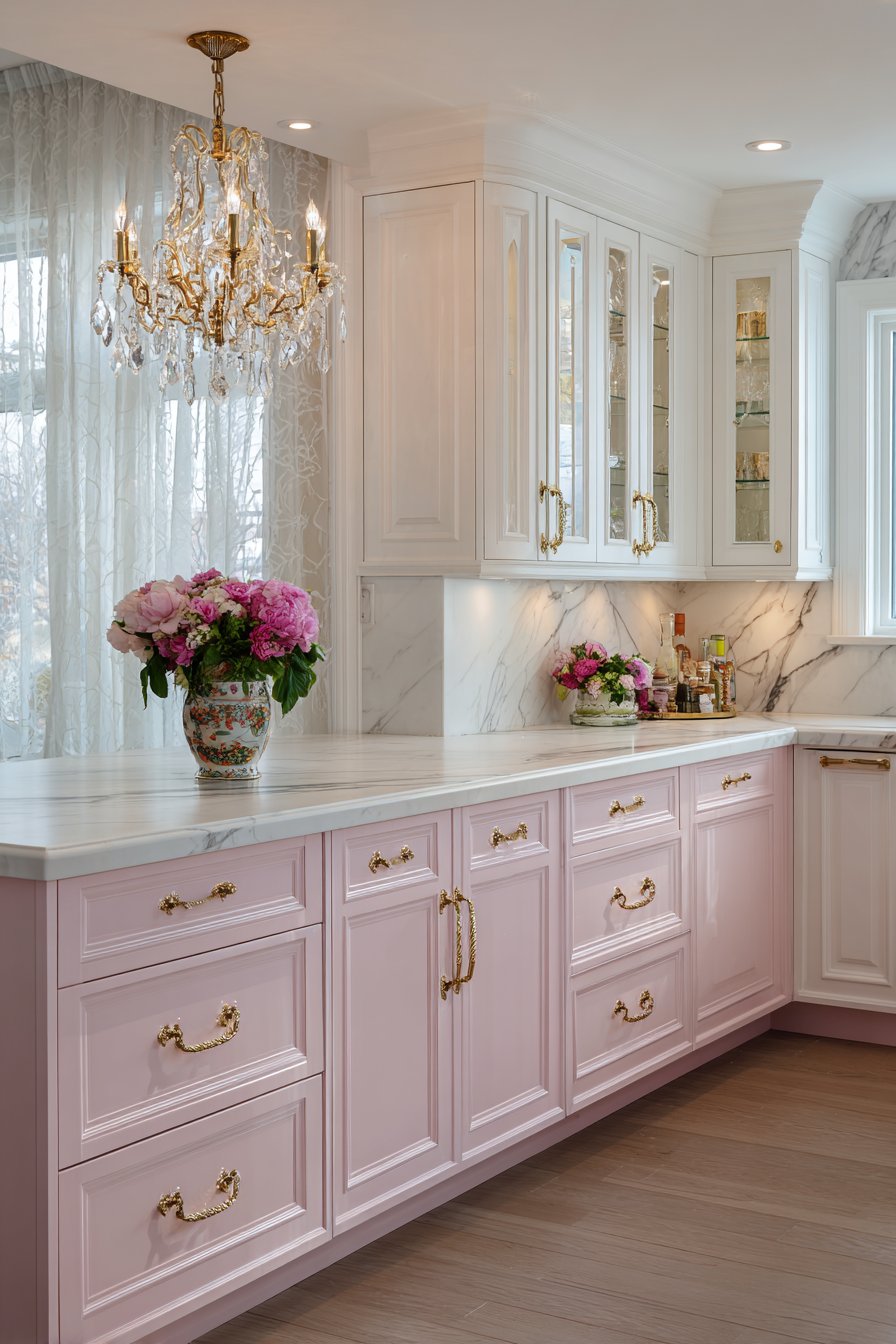 Soft Blush Pink Cabinet Kitchen with Crystal Chandelier