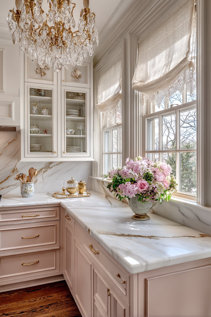 Soft Blush Pink Cabinet Kitchen with Crystal Chandelier