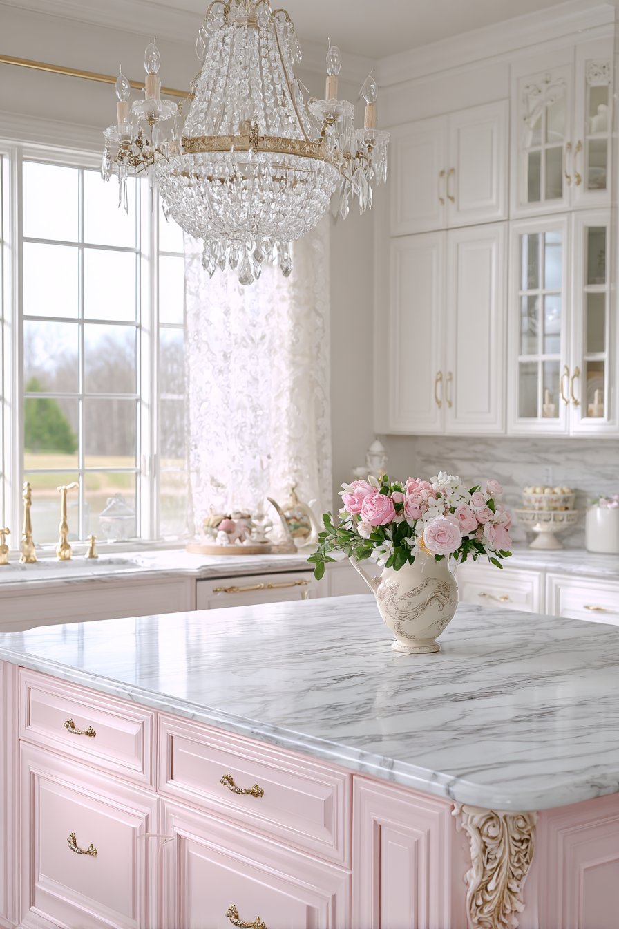 Soft Blush Pink Cabinet Kitchen with Crystal Chandelier