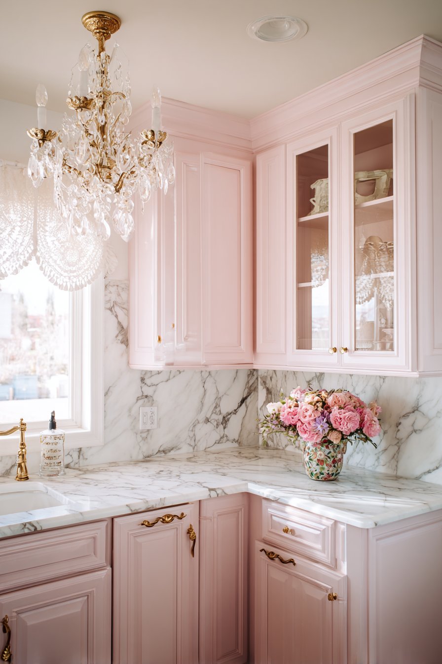 Soft Blush Pink Cabinet Kitchen with Crystal Chandelier