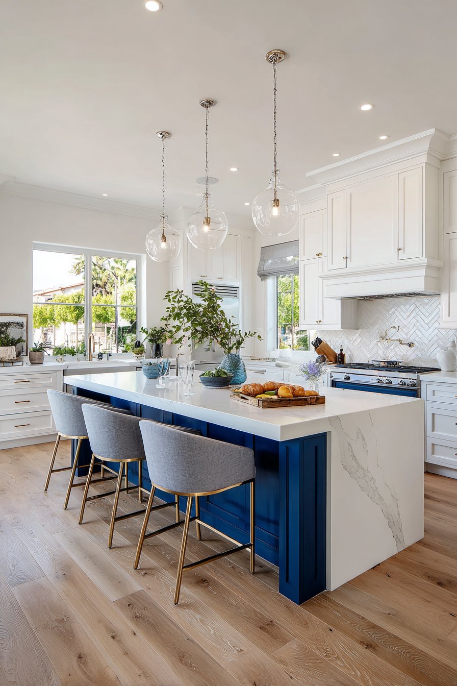 Modern Waterfall-Edge Quartz Island