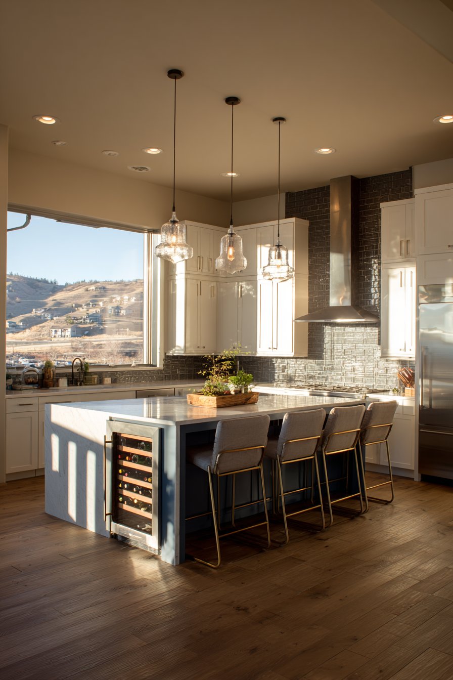 Modern Waterfall-Edge Quartz Island