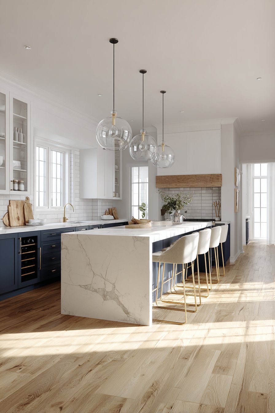 Modern Waterfall-Edge Quartz Island