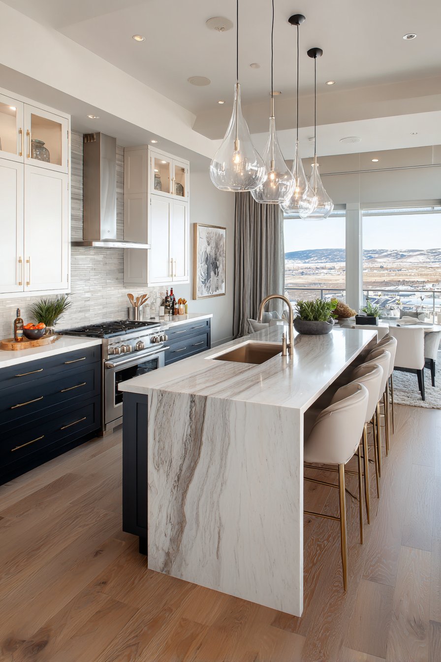 Modern Waterfall-Edge Quartz Island