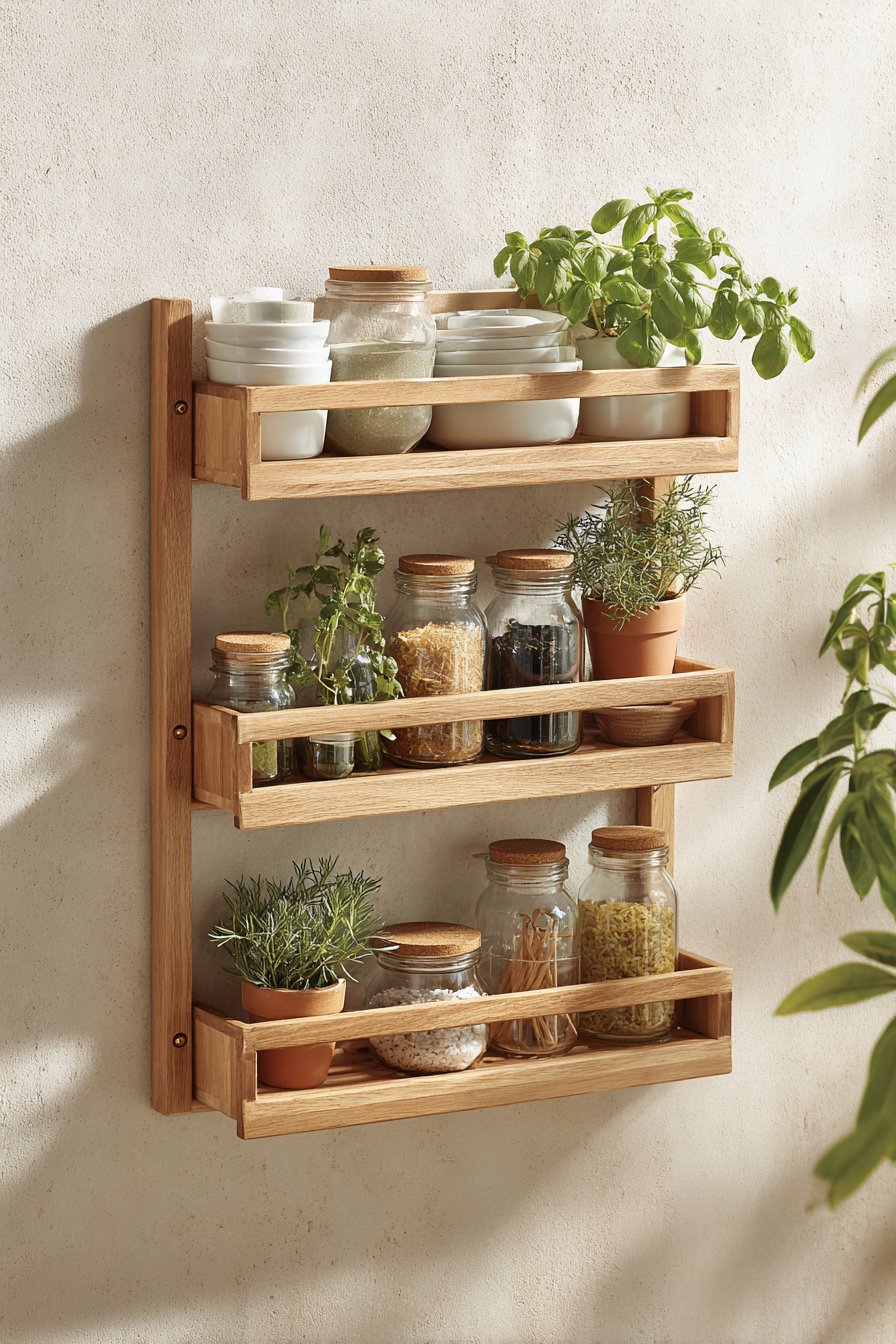 Natural Oak Floating Shelves with Brass Accents