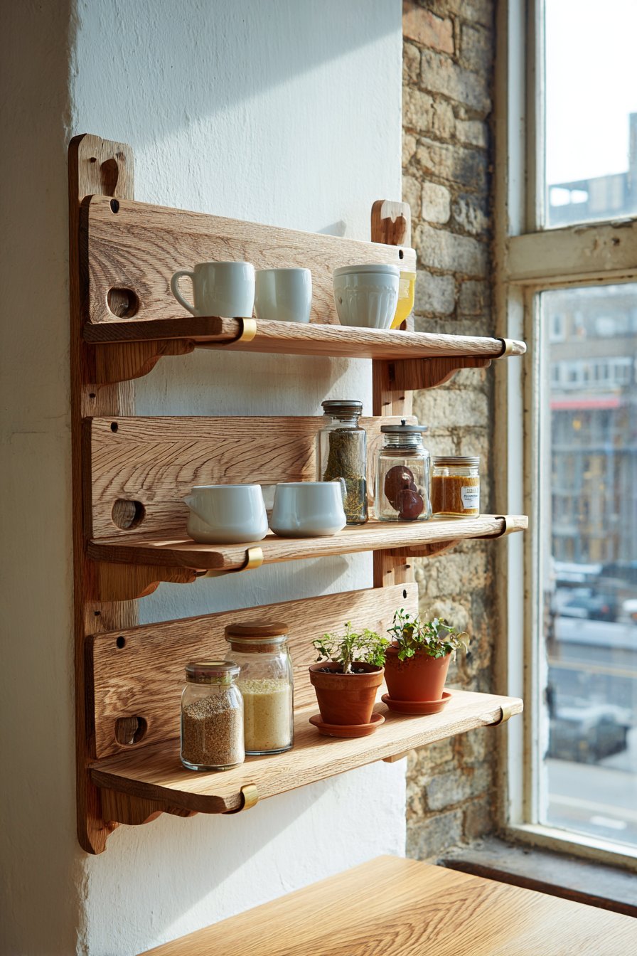Natural Oak Floating Shelves with Brass Accents