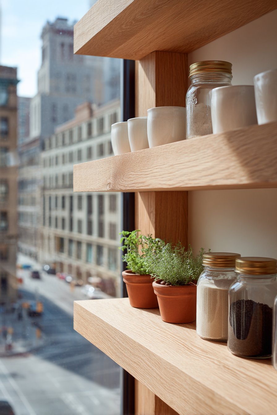 Natural Oak Floating Shelves with Brass Accents