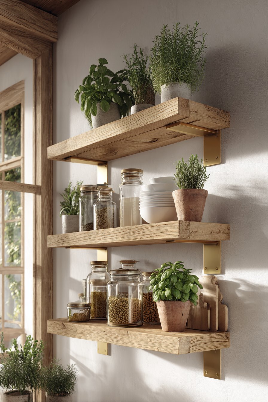 Natural Oak Floating Shelves with Brass Accents
