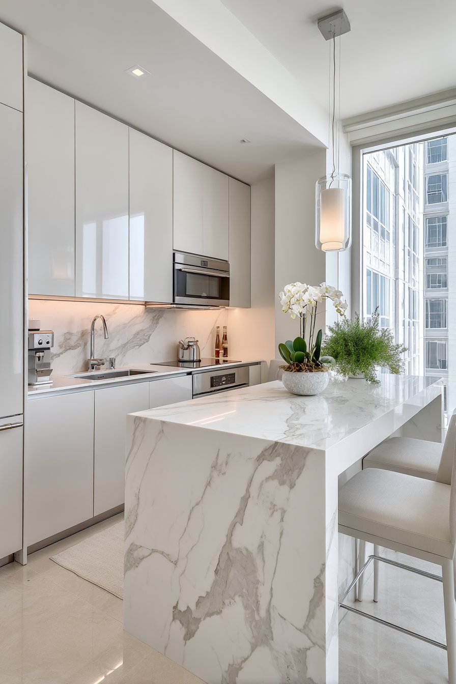 Sleek Handleless White Cabinetry with Waterfall Quartz