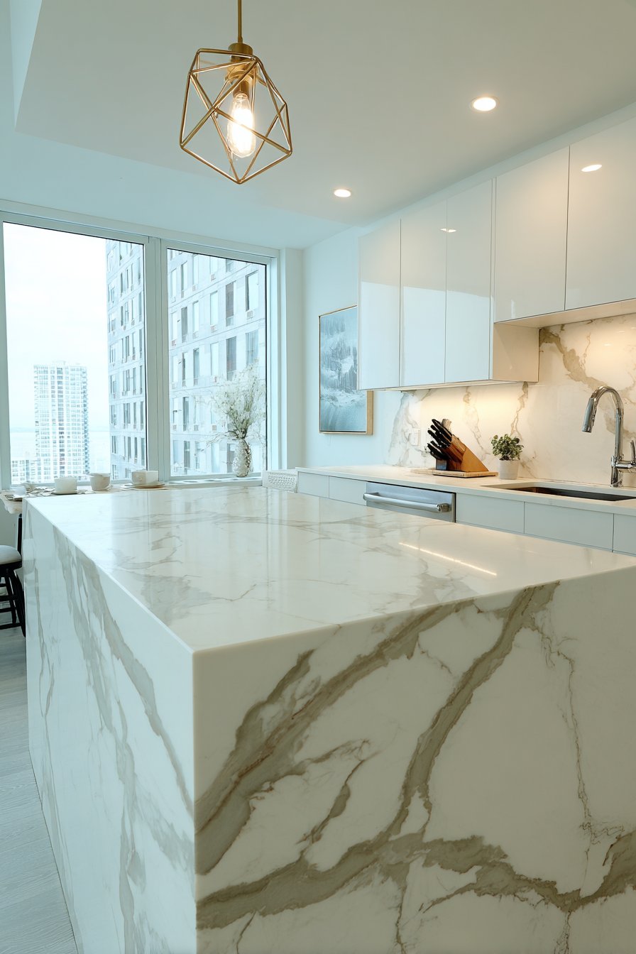 Sleek Handleless White Cabinetry with Waterfall Quartz