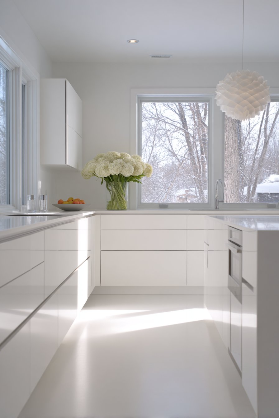 Sleek Handleless White Cabinetry with Waterfall Quartz