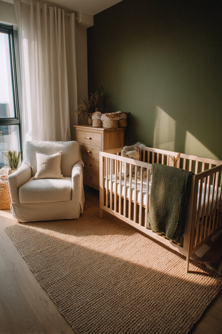 Natural Oak Serenity with Olive Green Accent Wall