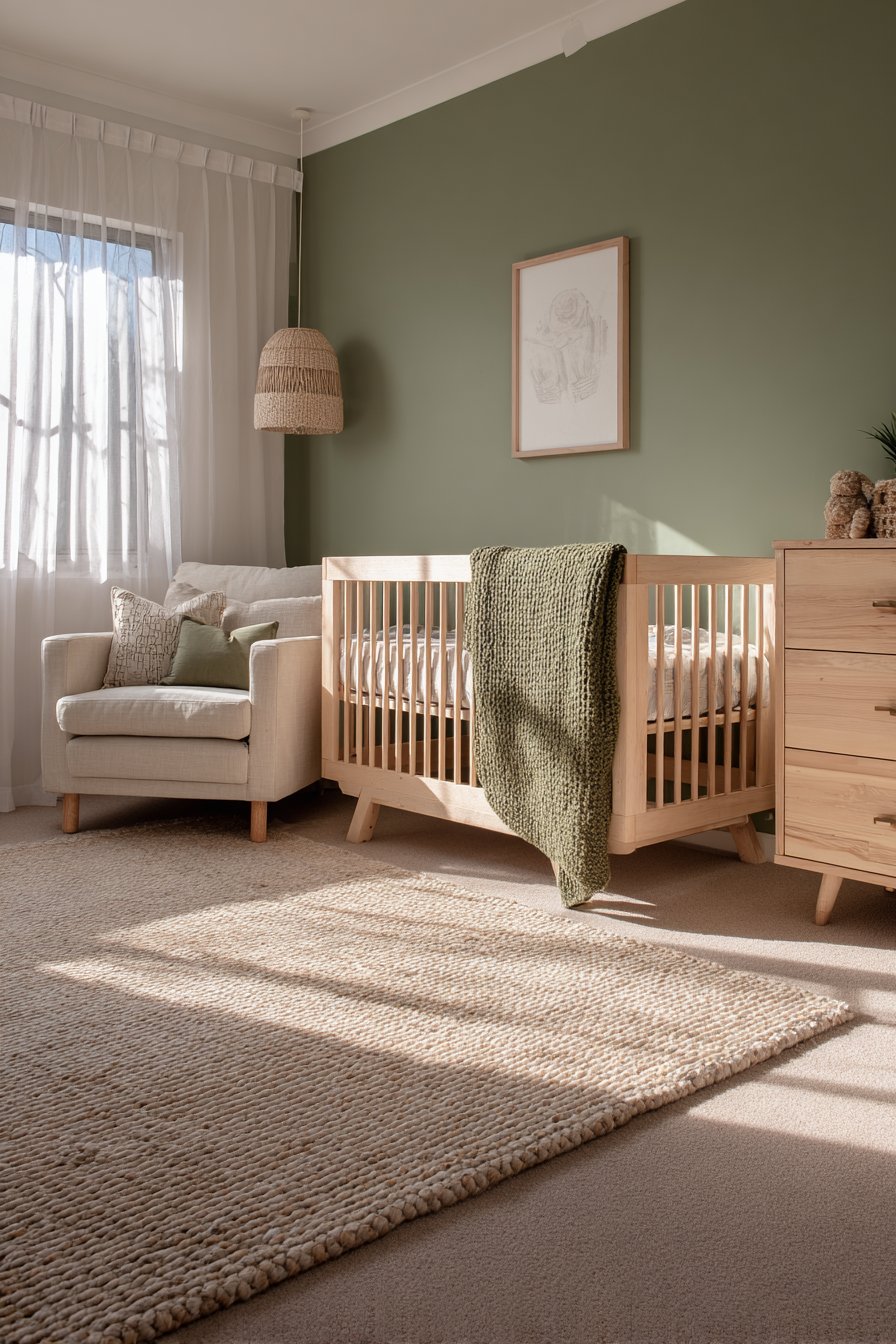 Natural Oak Serenity with Olive Green Accent Wall