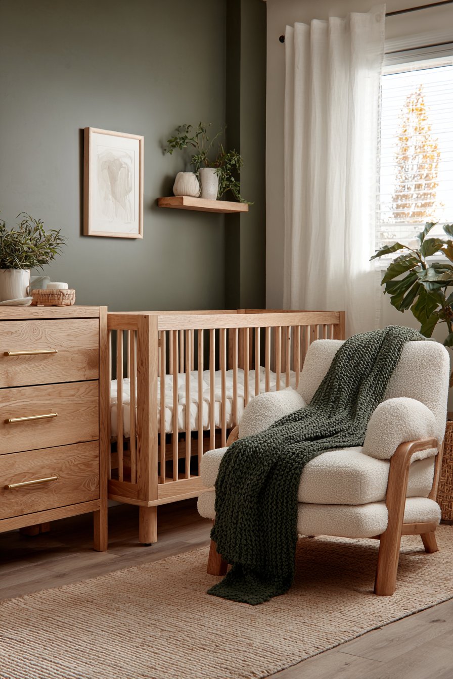 Natural Oak Serenity with Olive Green Accent Wall