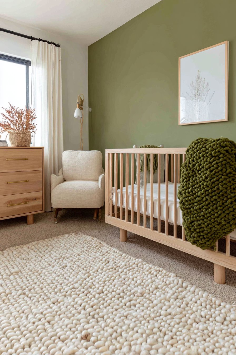 Natural Oak Serenity with Olive Green Accent Wall