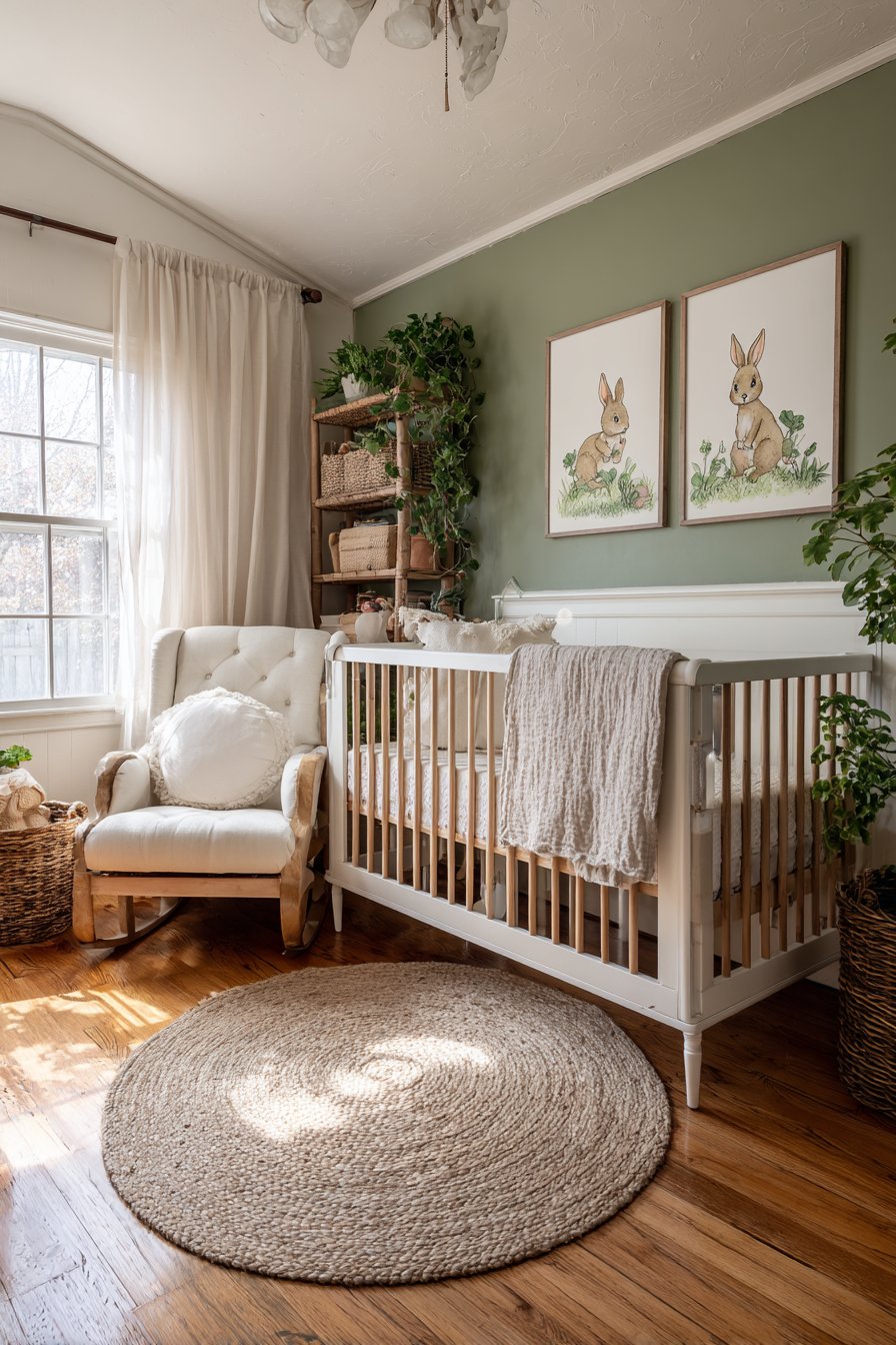 Sage Green Garden Sanctuary with Watercolor Wall Art