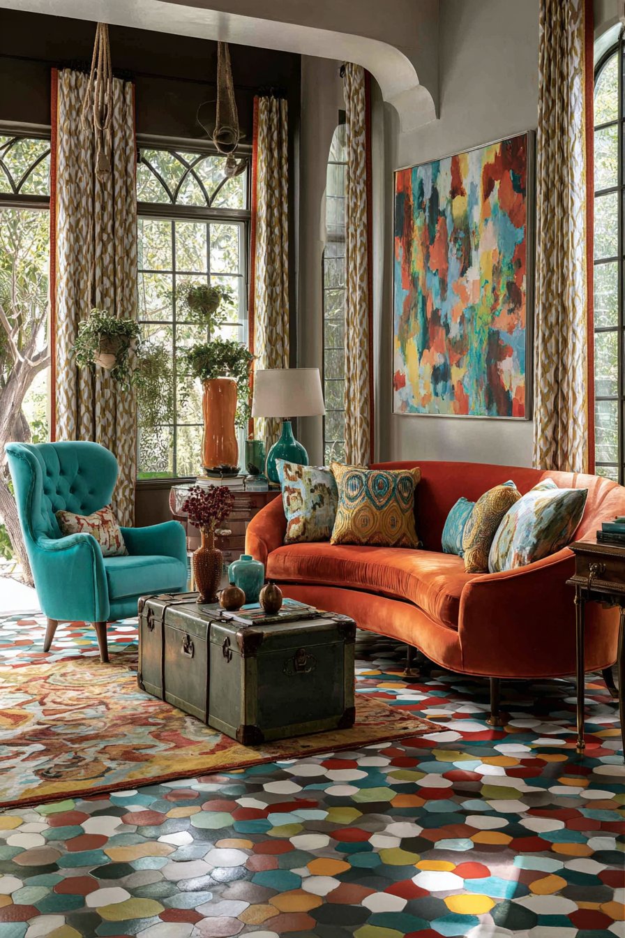 Asymmetrical Burnt Orange Velvet Sofa with Peacock Chair