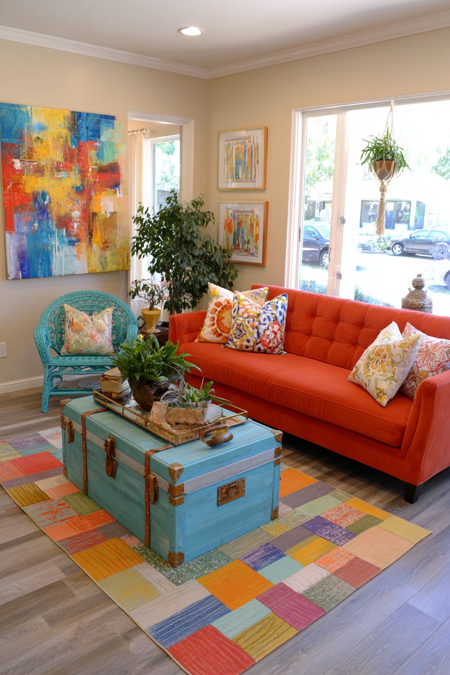 Asymmetrical Burnt Orange Velvet Sofa with Peacock Chair