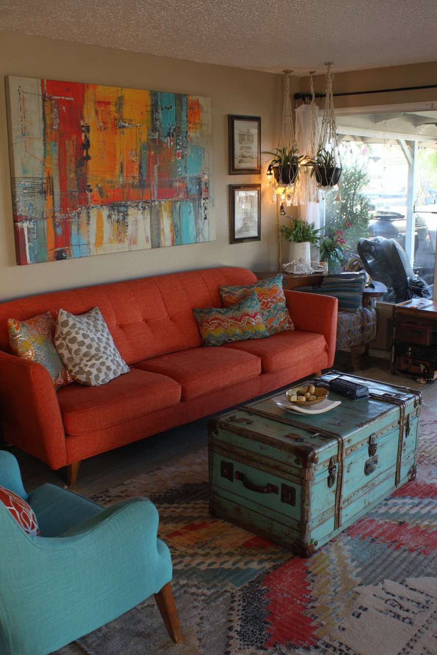 Asymmetrical Burnt Orange Velvet Sofa with Peacock Chair