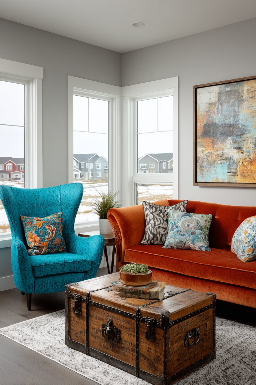 Asymmetrical Burnt Orange Velvet Sofa with Peacock Chair