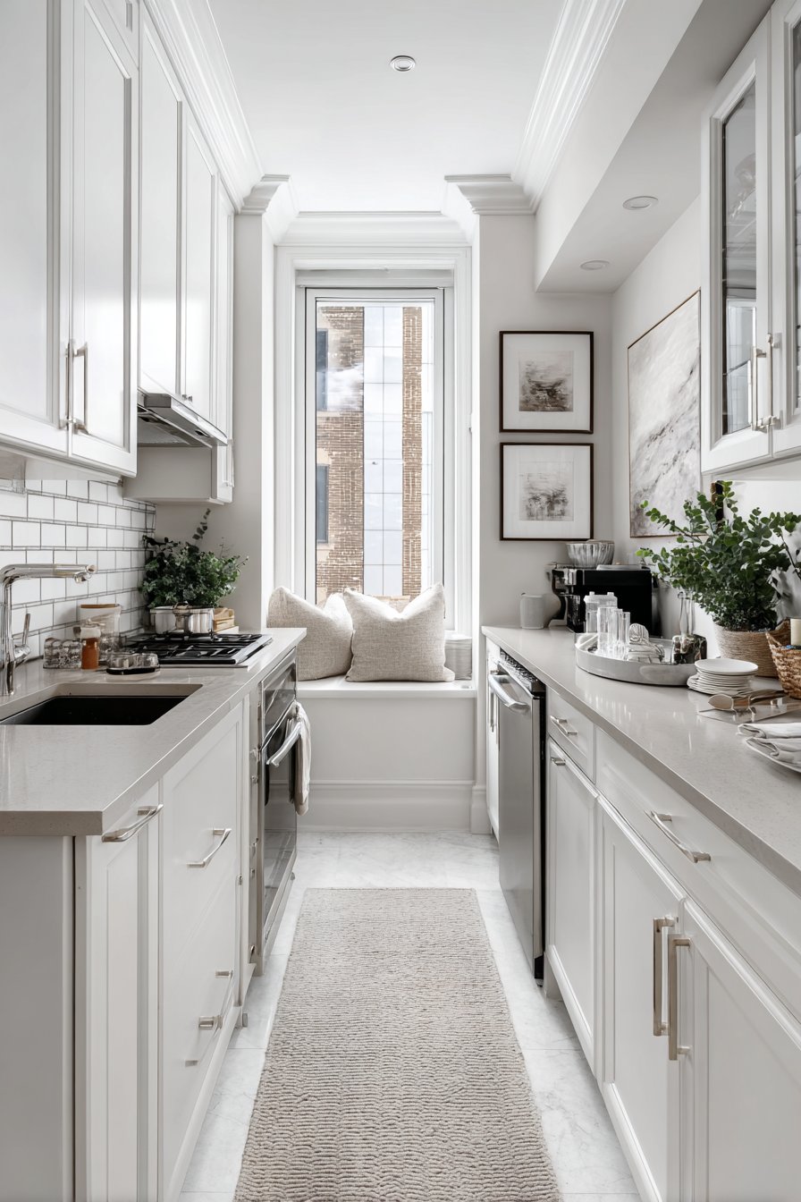 Classic White Galley Kitchen with Ceiling-Height Storage