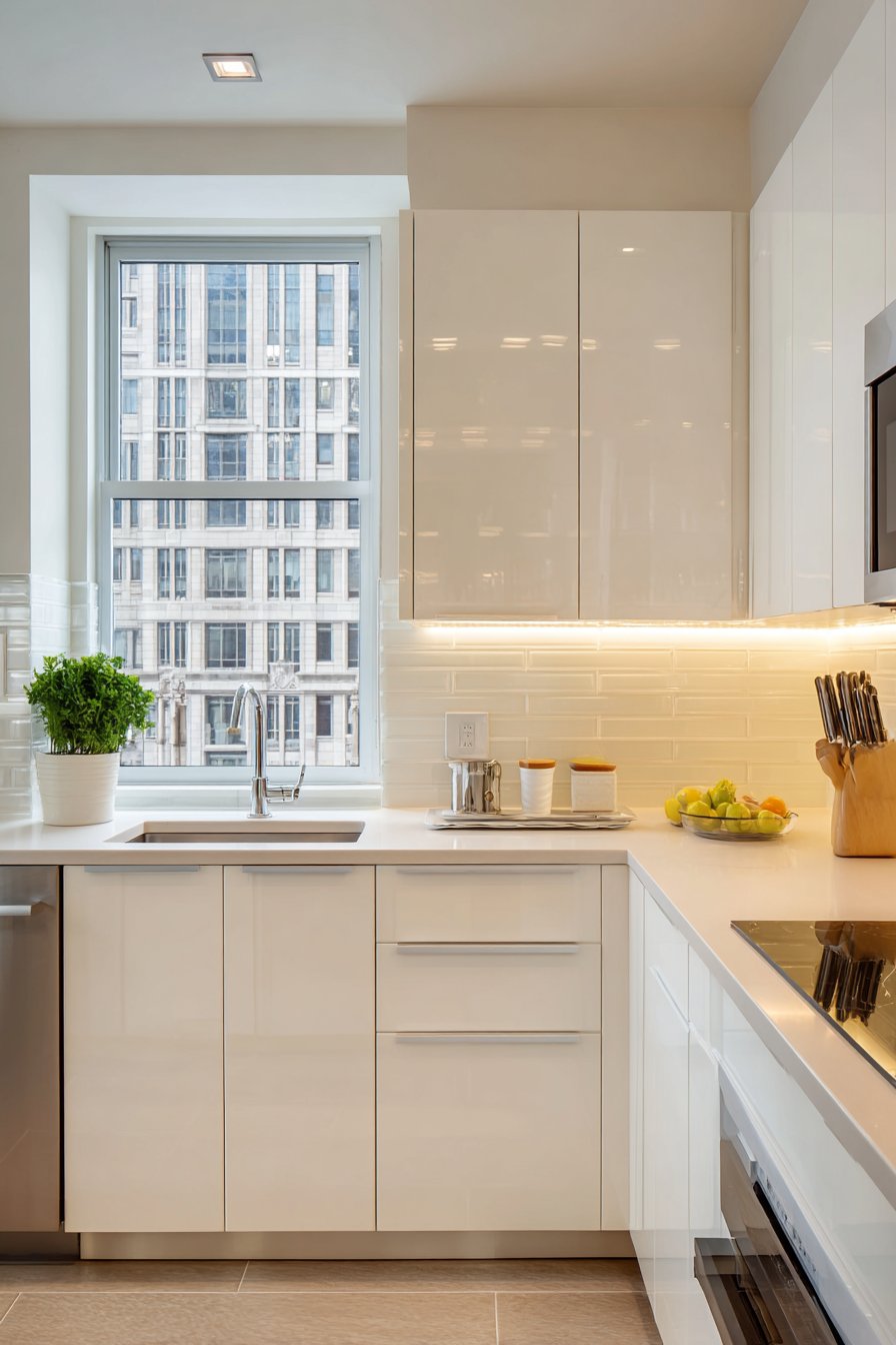 Seamless White High-Gloss L-Shaped Efficiency