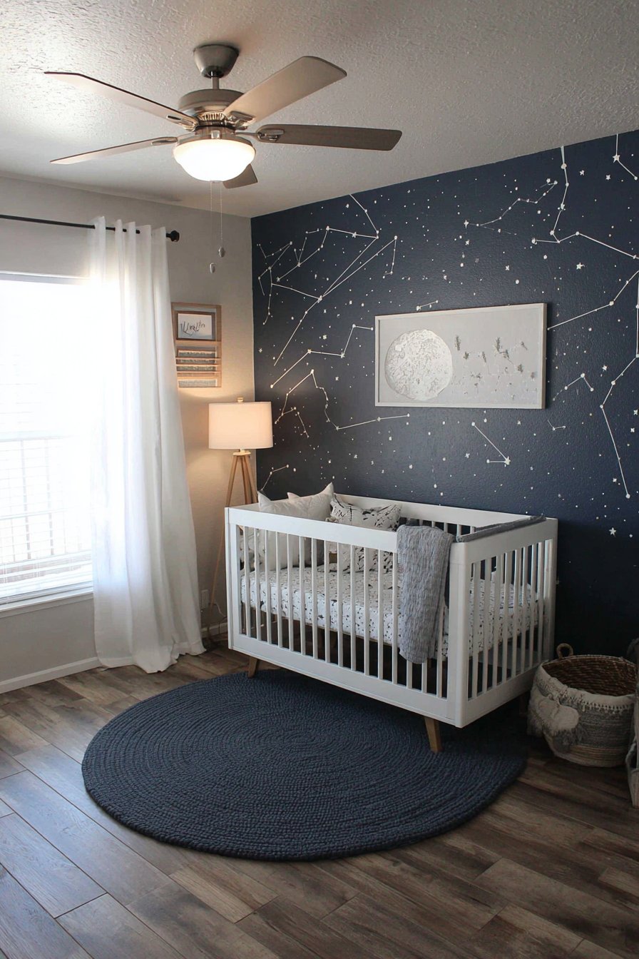 Celestial Navy Accent Wall with Moon Mural