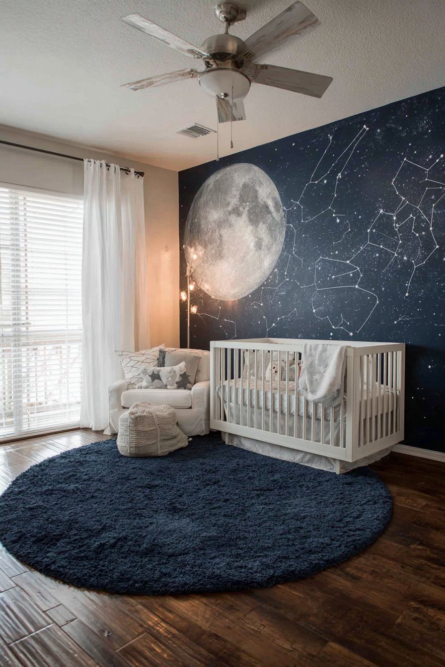 Celestial Navy Accent Wall with Moon Mural