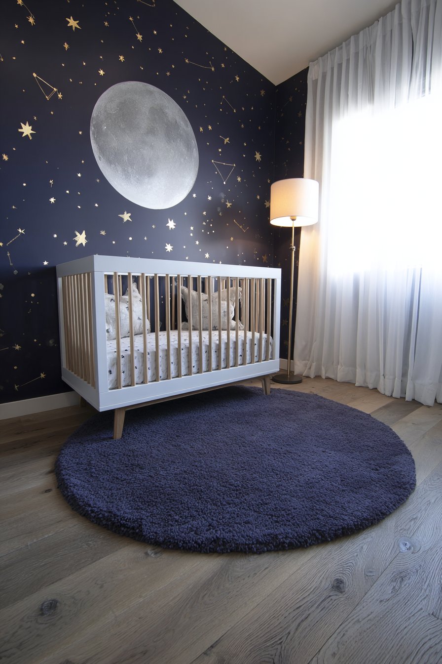 Celestial Navy Accent Wall with Moon Mural