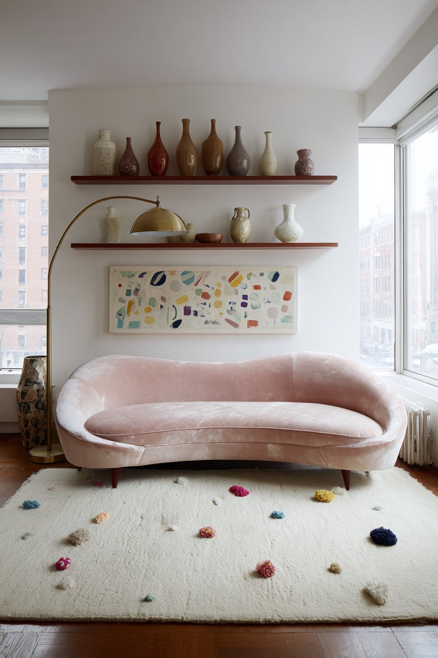 Curved Velvet Sofa with Playful Geometric Art