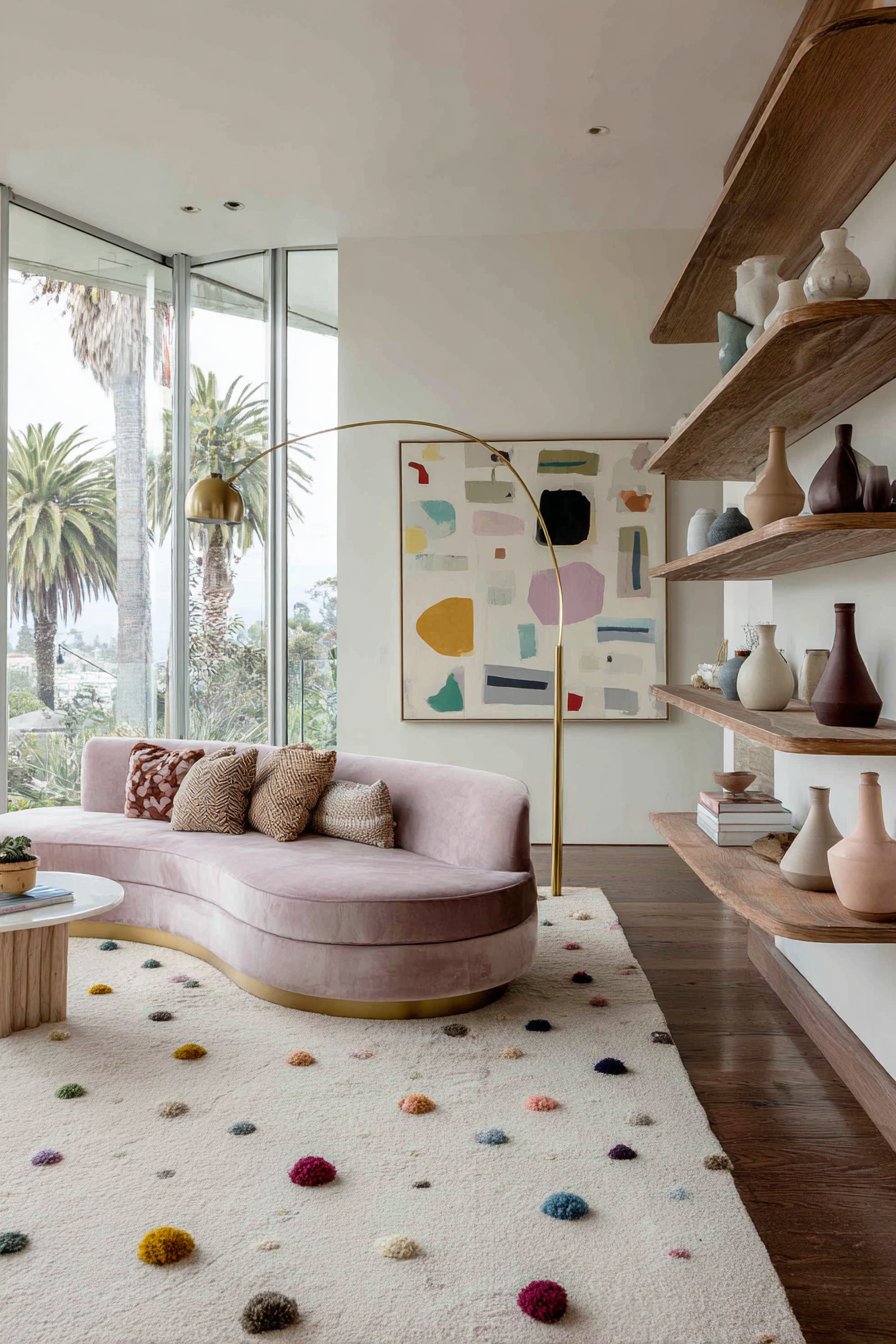 Curved Velvet Sofa with Playful Geometric Art