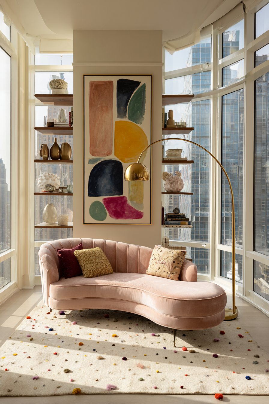 Curved Velvet Sofa with Playful Geometric Art