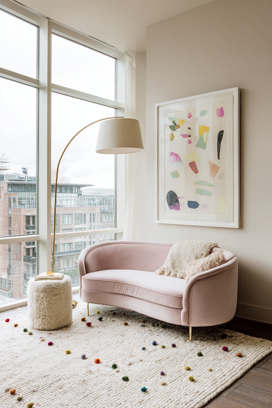 Curved Velvet Sofa with Playful Geometric Art