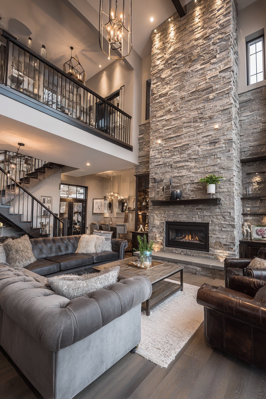 Two-Story Stone Fireplace Drama