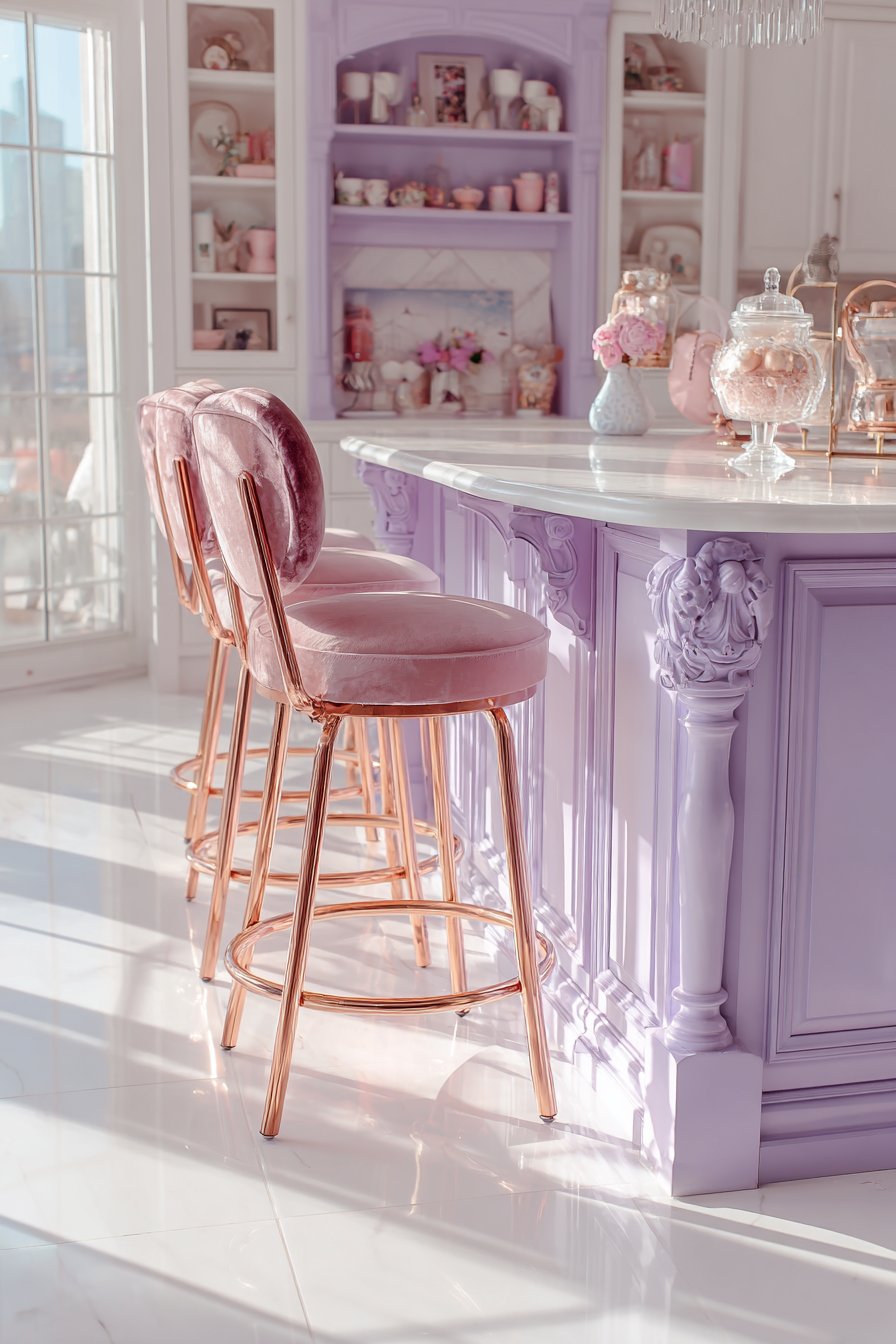 Lavender Kitchen Island with Rose Gold Accents
