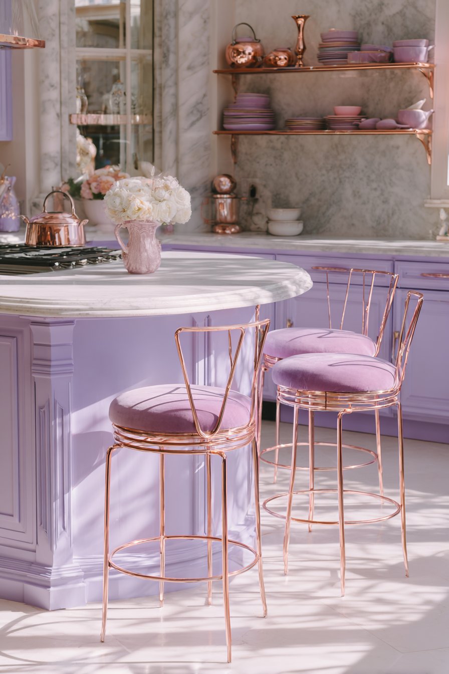 Lavender Kitchen Island with Rose Gold Accents