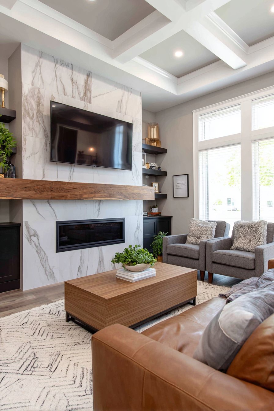 Neutral Elegance with Linear Fireplace Focus