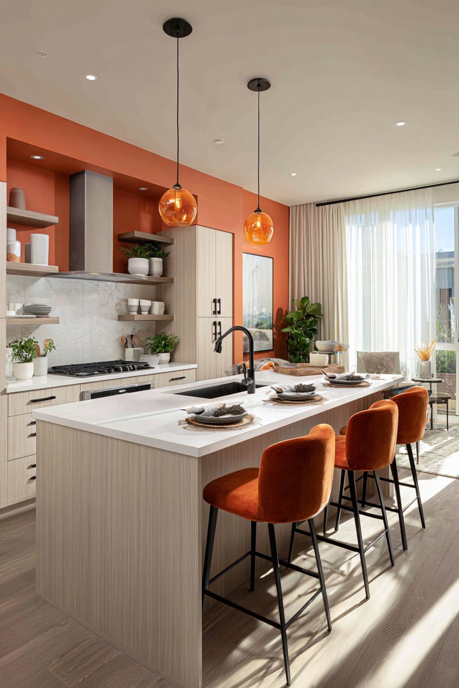 Scandinavian Orange Accent Wall Kitchen