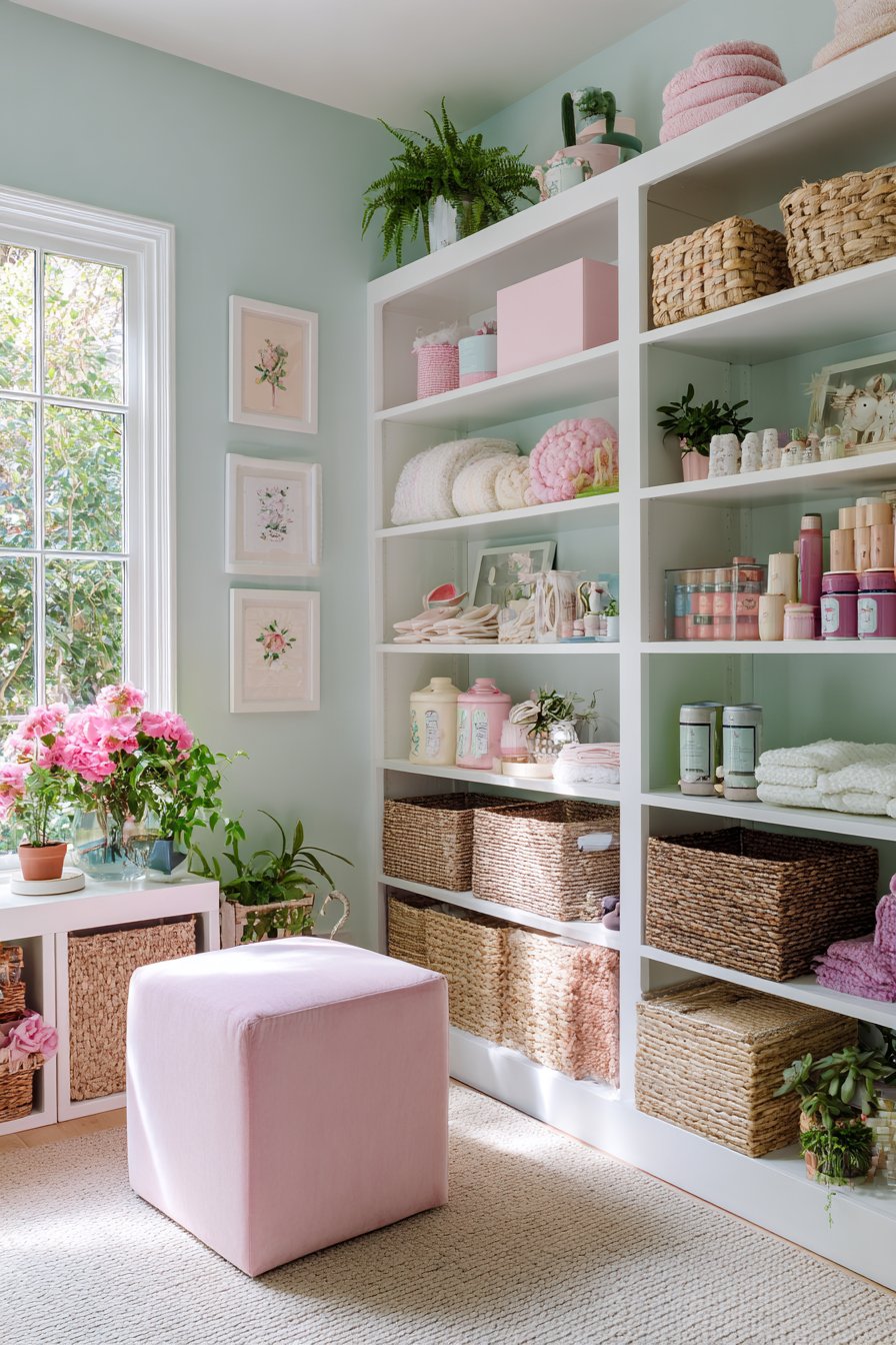 Organized Storage Wall in Mint and Rose