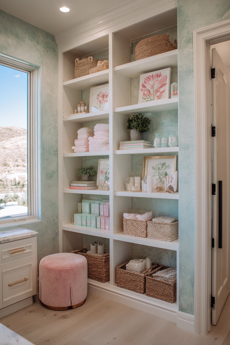 Organized Storage Wall in Mint and Rose