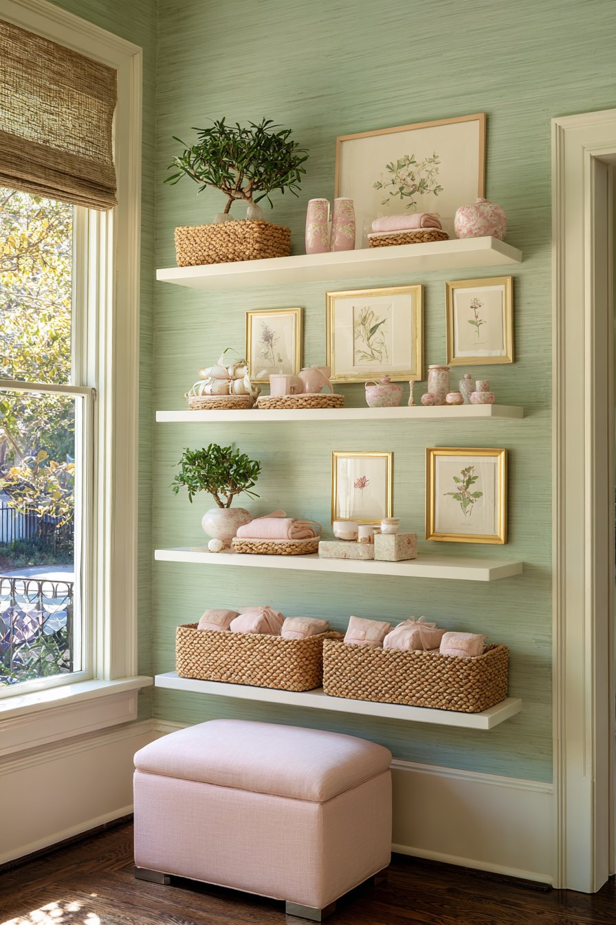 Organized Storage Wall in Mint and Rose