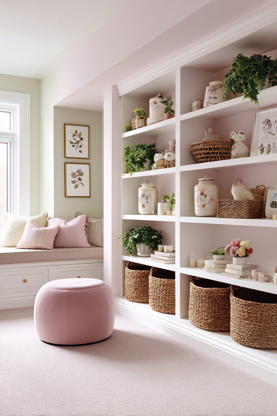 Organized Storage Wall in Mint and Rose