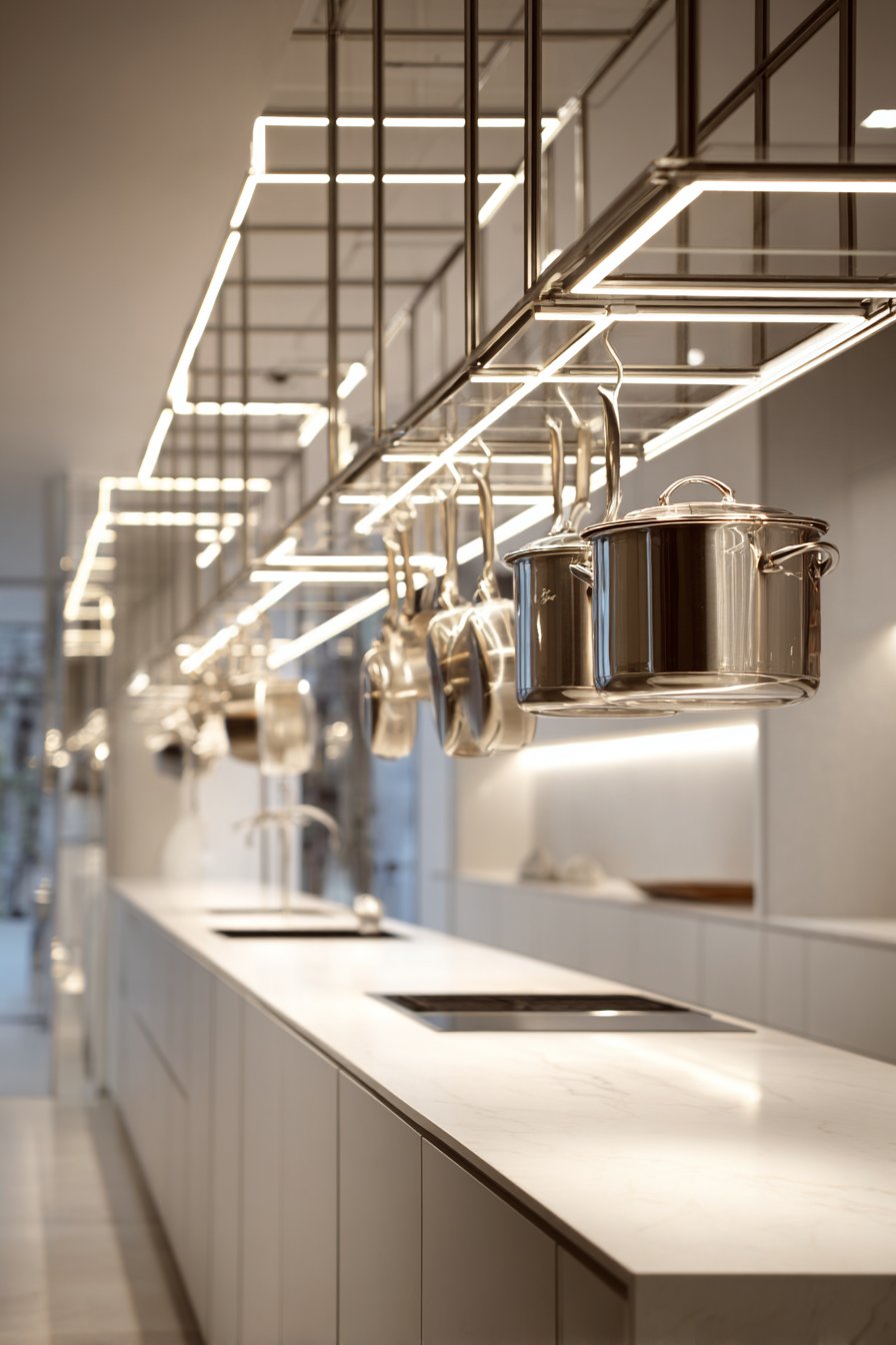 Stainless Steel Pot Rack Above Island