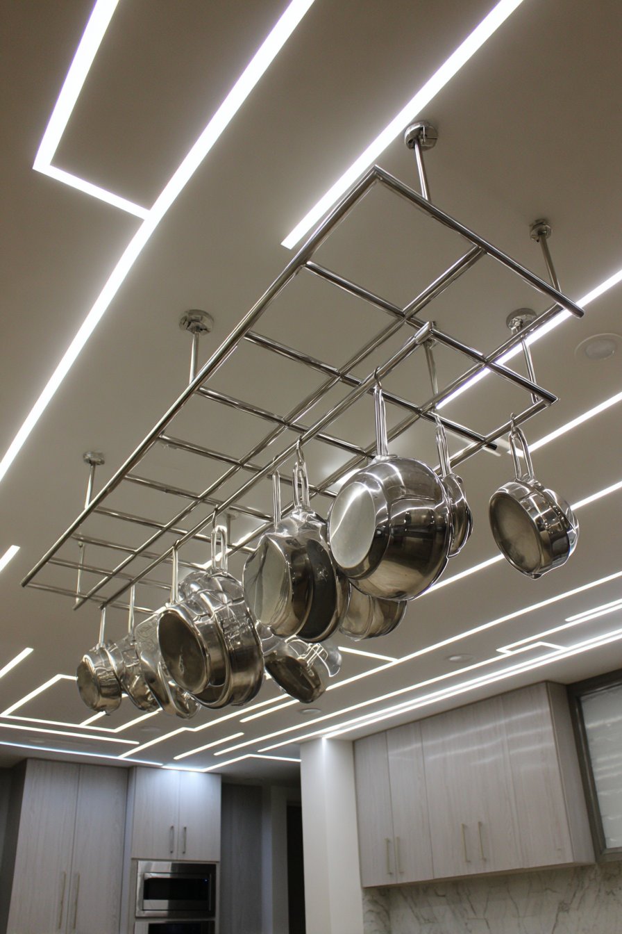 Stainless Steel Pot Rack Above Island