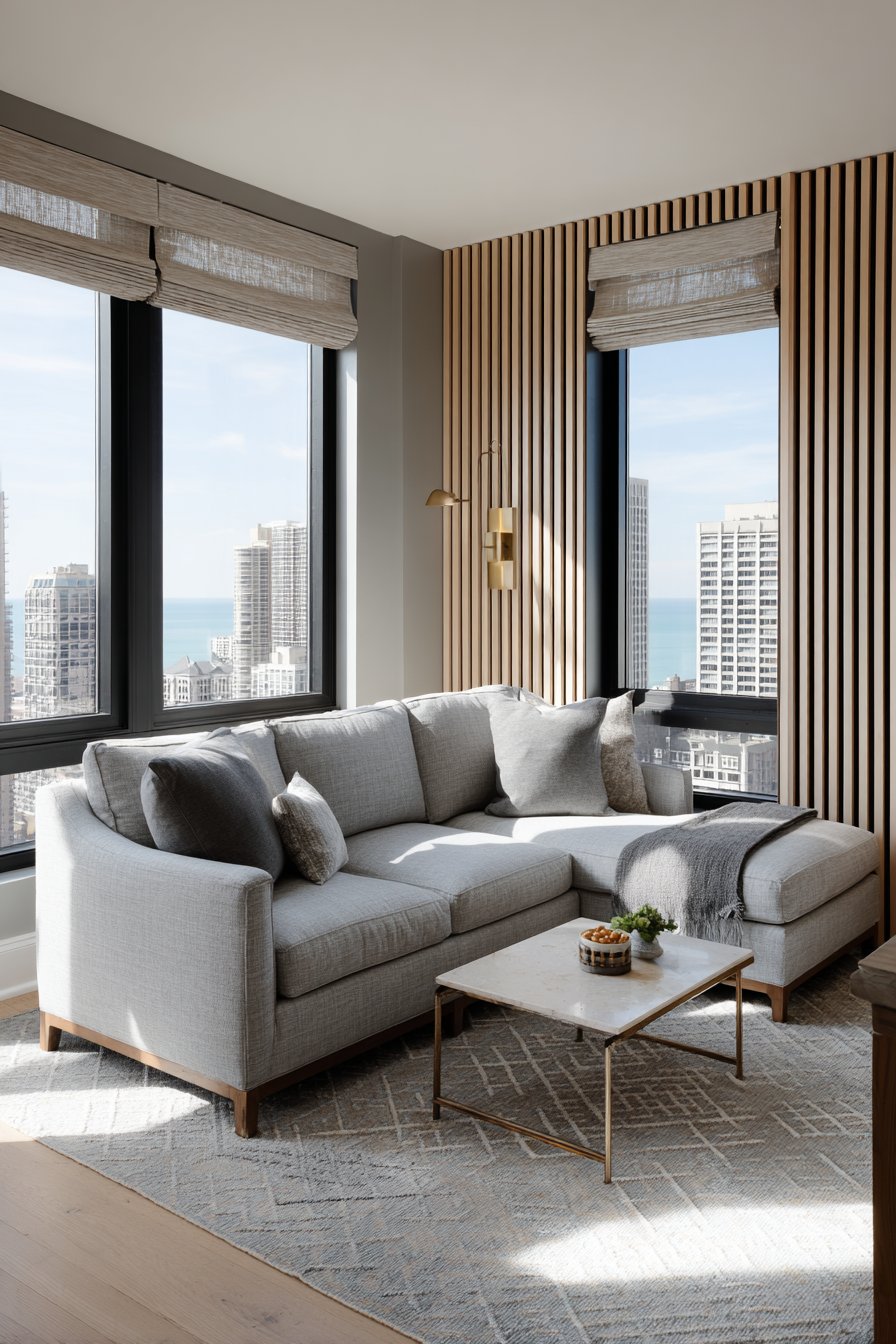 Grey Linen Modularity with Wood Slat Drama