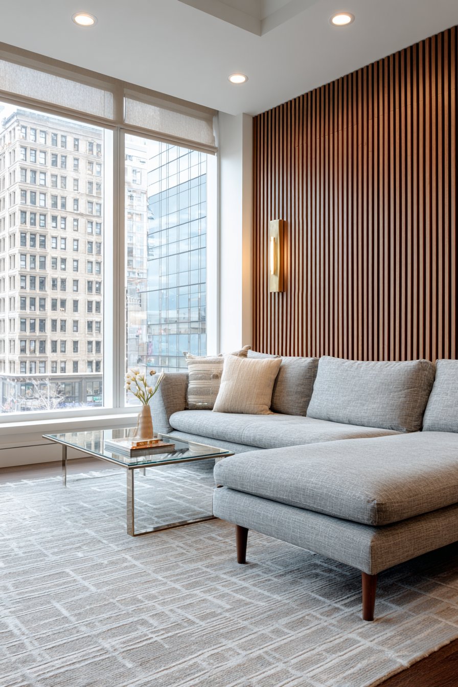 Grey Linen Modularity with Wood Slat Drama